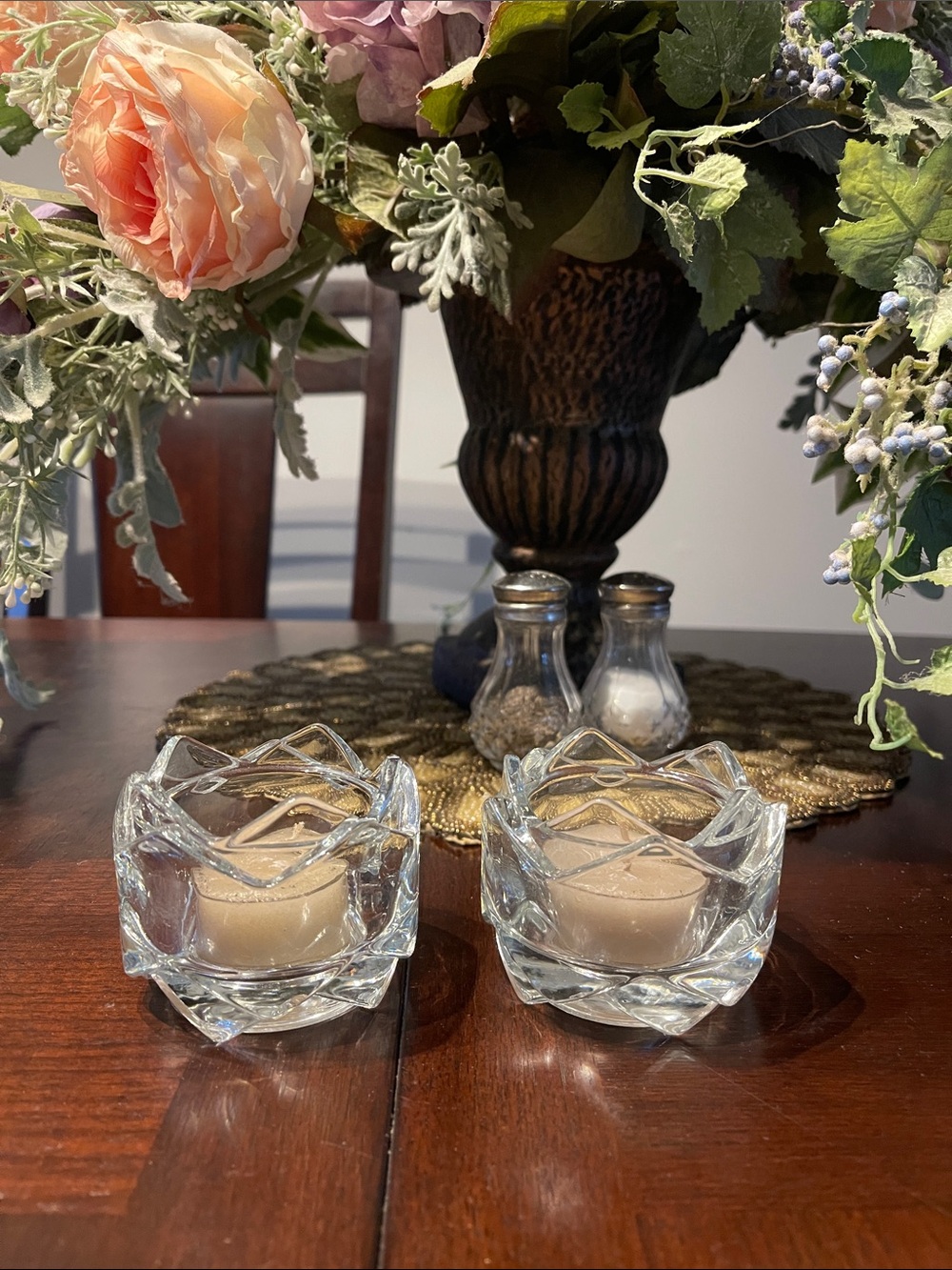 Vintage Indiana Glass Clear Crystal Lotus Flower Votive Candle Holders set of 2